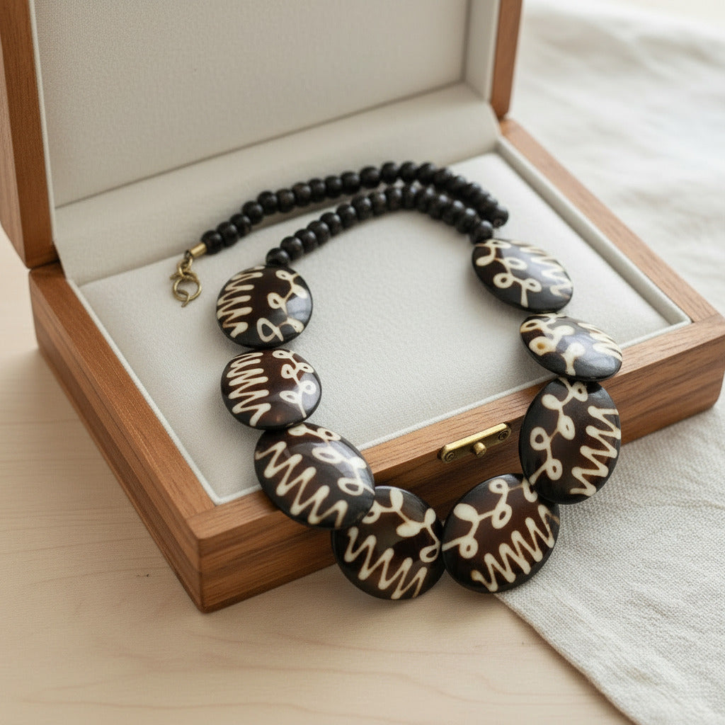  African-inspired infinity necklace inside a a wooden jewelry box--TTP