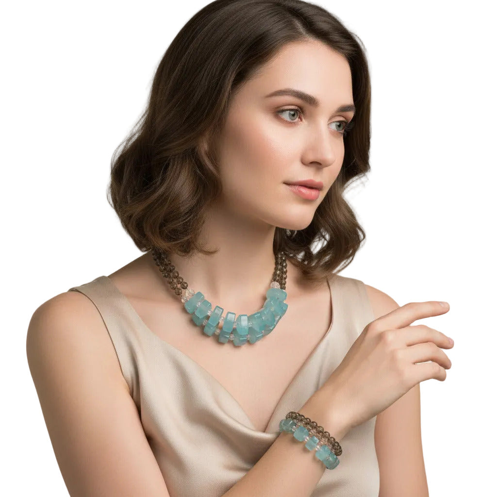 woman wearing an Aqua Chalcedony Gemstone Set - TTP