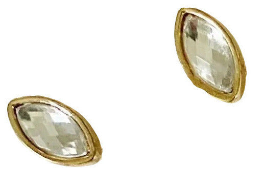 Gold earrings with clear gemstones on a white background