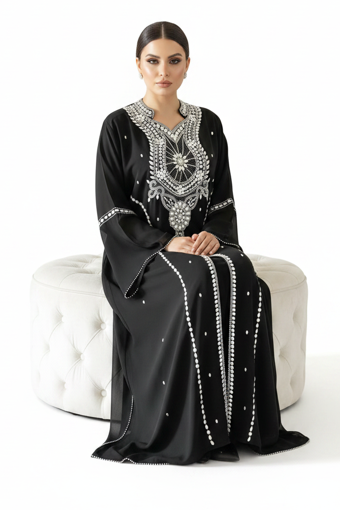 Black dress with intricate silver embroidery and beads on a neutral background