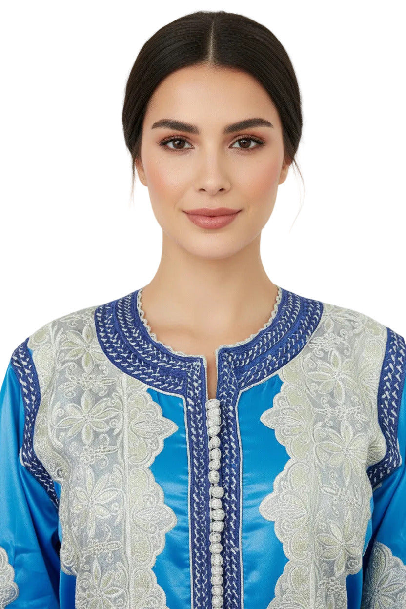 woman wearing a silky blue silver kaftan-TTP