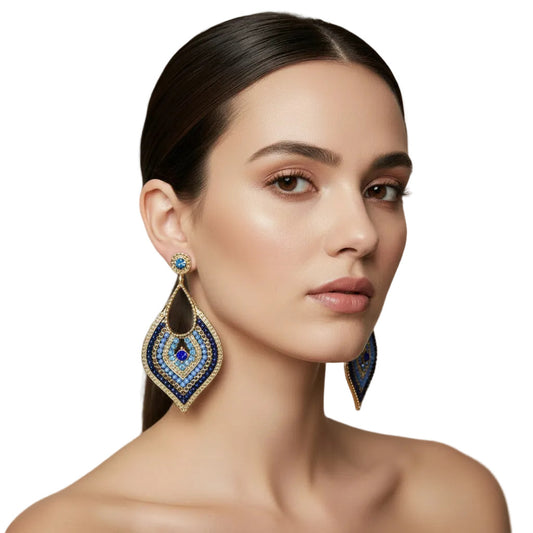 Woman wearing Bohemian Blue Gold Tone Vintage Earrings | Statement Boho Jewelry--TTP