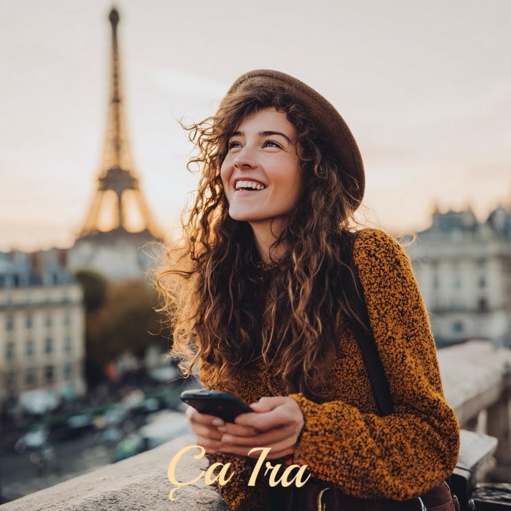 Woman with a smartphone in front of the Eiffel Tower, wearing a brown sweater and hat.