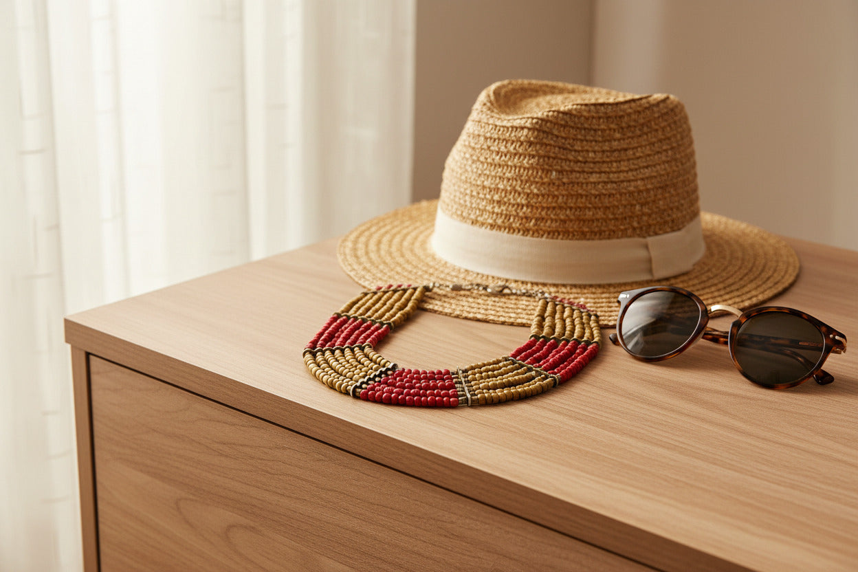 A multi-strand beaded necklace featuring alternating sections of natural tan wood beads and bright red beads, separated by small metallic spacer rings, shown against a plain white background.