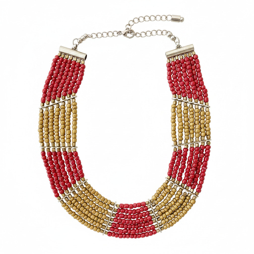 A multi-strand beaded necklace featuring alternating sections of natural tan wood beads and bright red beads, separated by small metallic spacer rings, shown against a plain white background.