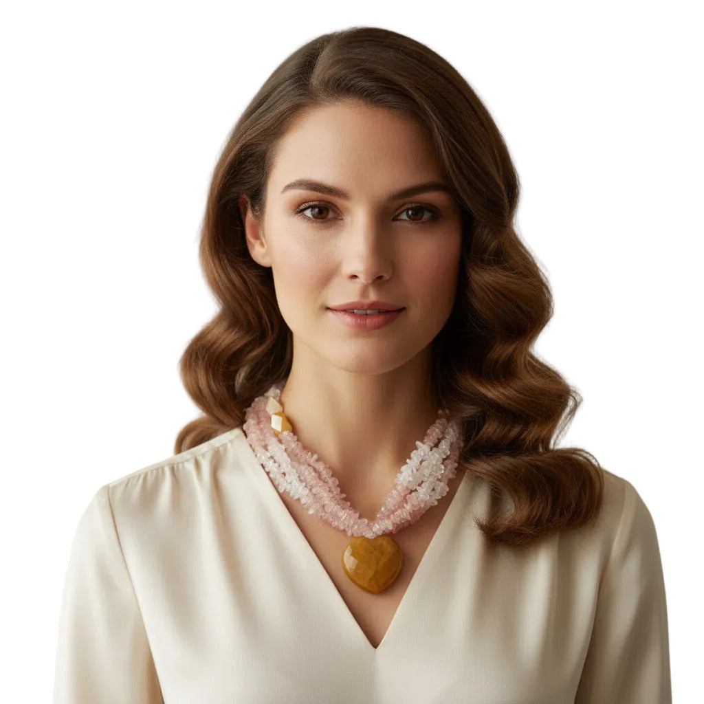 A crystal necklace featuring strands of light pink and white quartz chips with a polished amber heart-shaped bead and small faceted amber beads at the top, set against a plain white background.
