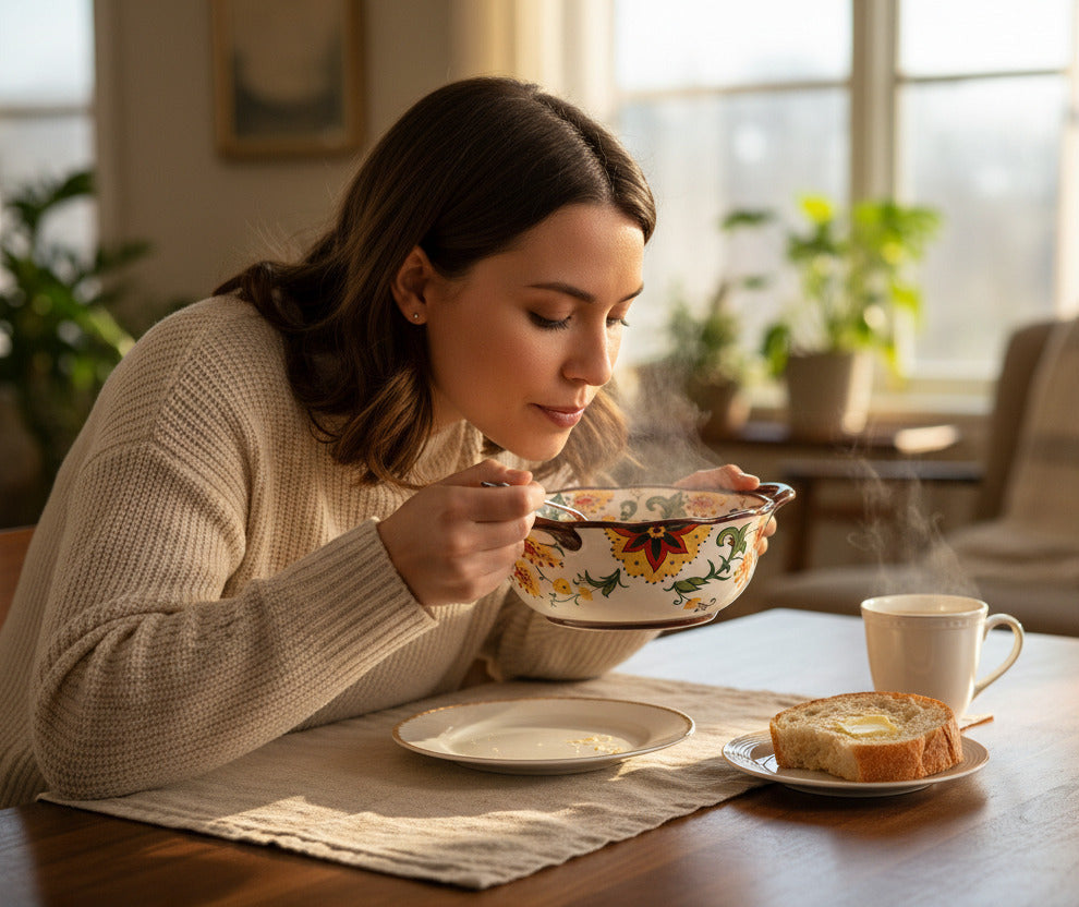 woman having soup served in a creative color rich Double Ear Ceramic Soup Bowl - TTP