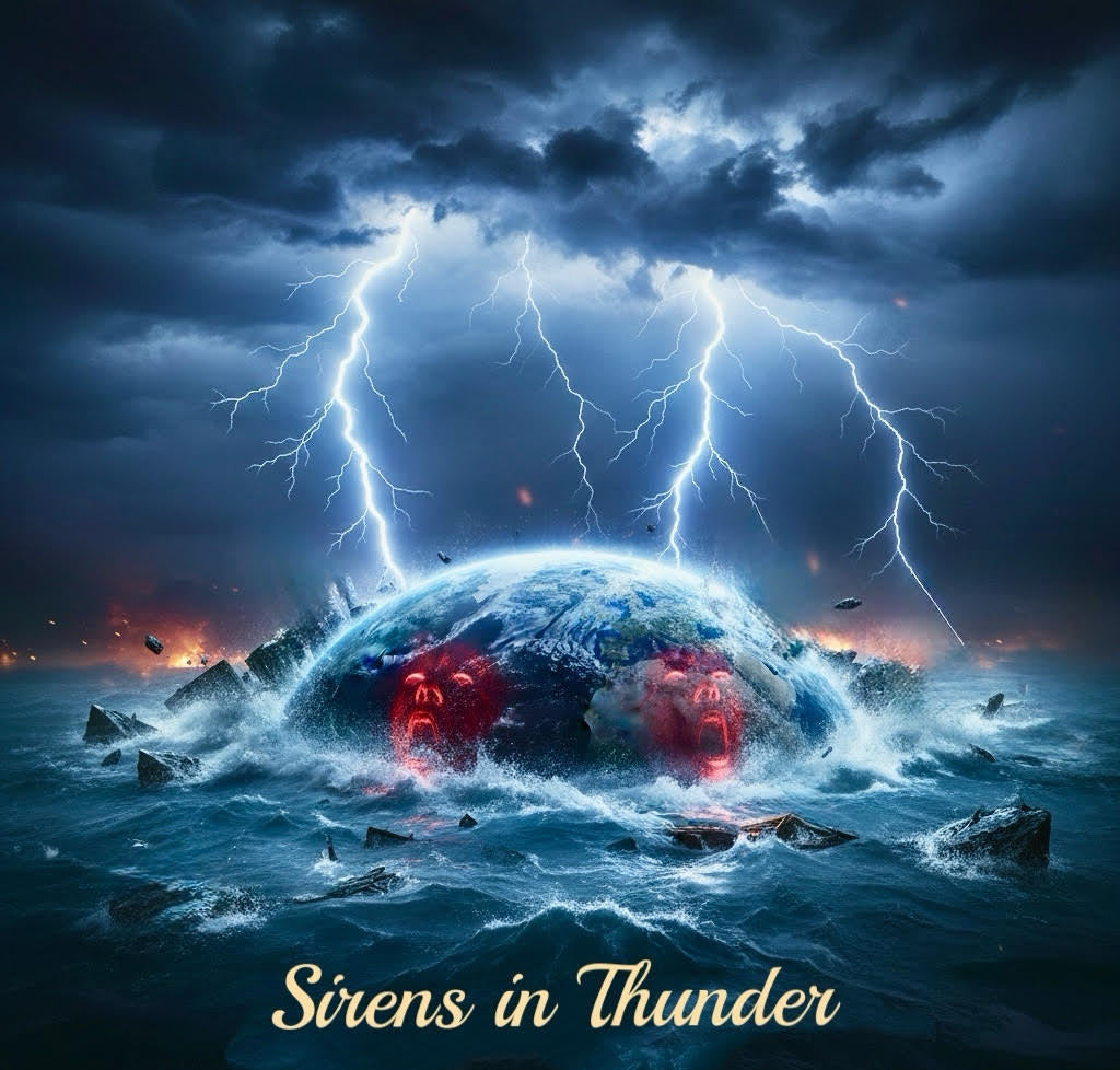 Stylized image of a stormy sea with lightning and two red glowing eyes, titled 'Sirens in Thunder'.