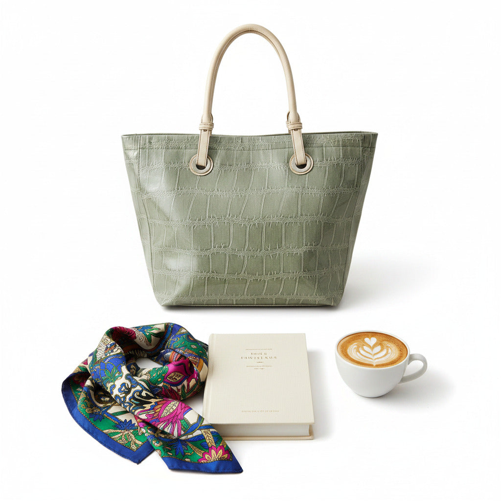 An gray crocodile-embossed leather tote bag with light beige shoulder straps and metal grommets, shown against a plain white background.