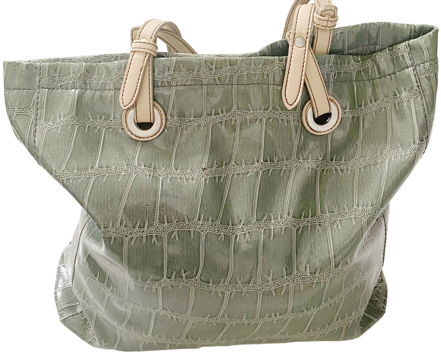 An olive green crocodile-embossed leather tote bag with light beige shoulder straps and metal grommets, shown against a plain white background.