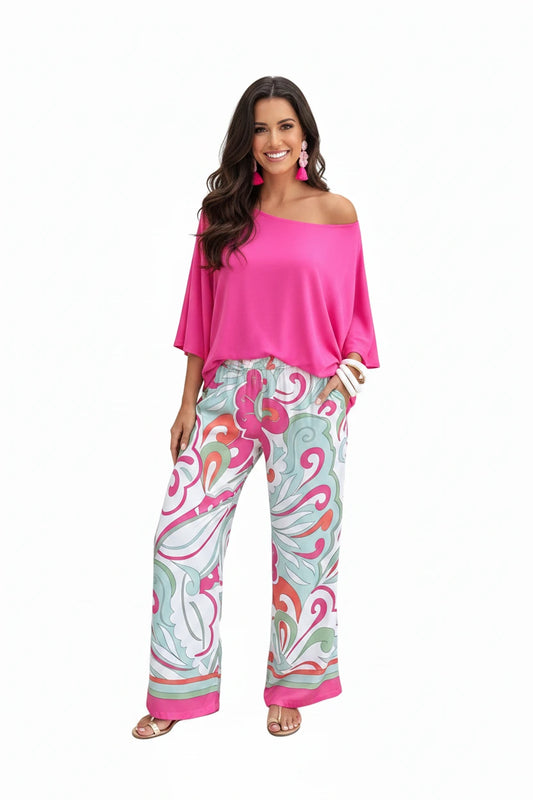 Women's Off-Shoulder Top & Floral Print Pants Set – Chic Spring Two-Piece Outfit
