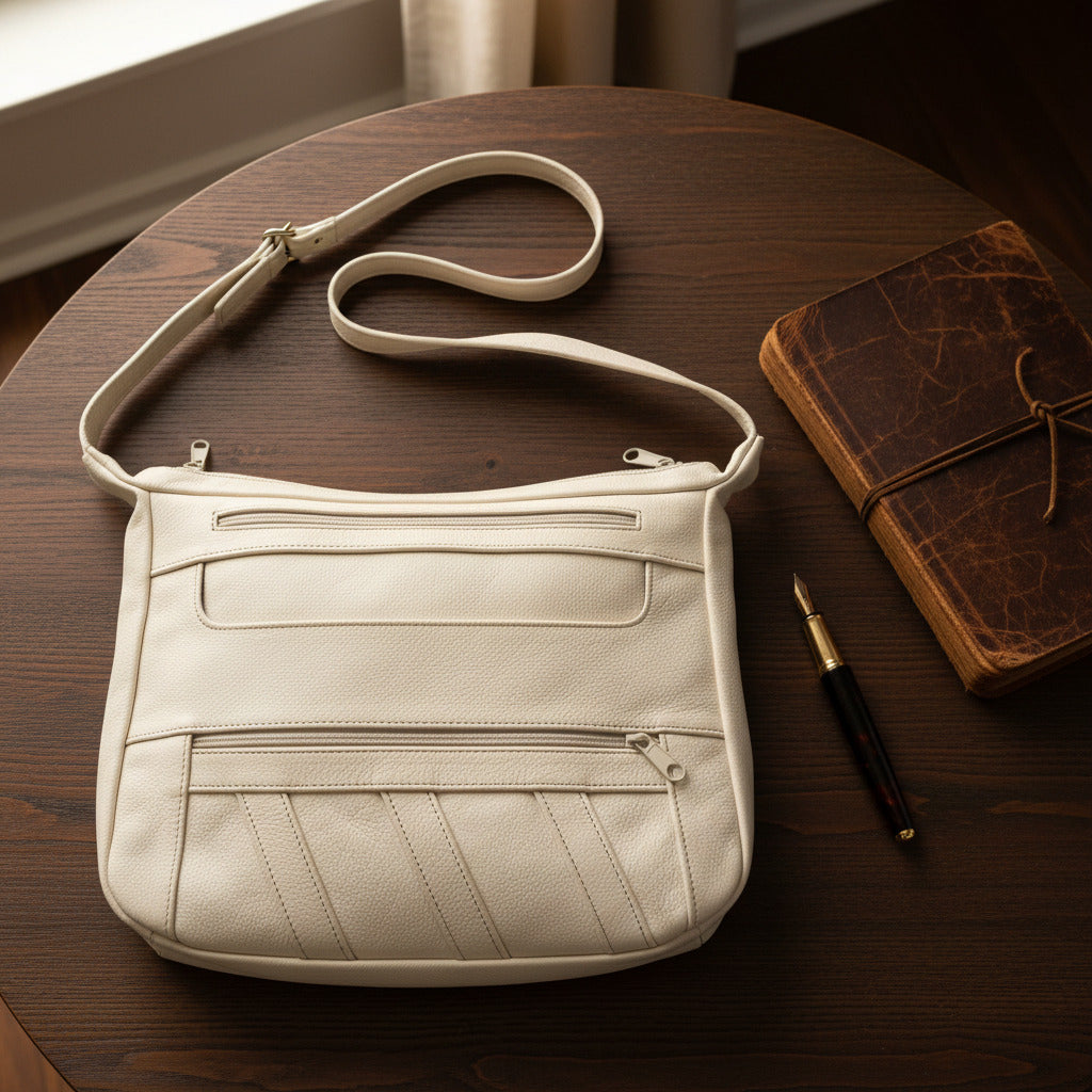 An off-white faux leather shoulder bag with multiple zippered pockets and a long shoulder strap, shown against a plain white background.