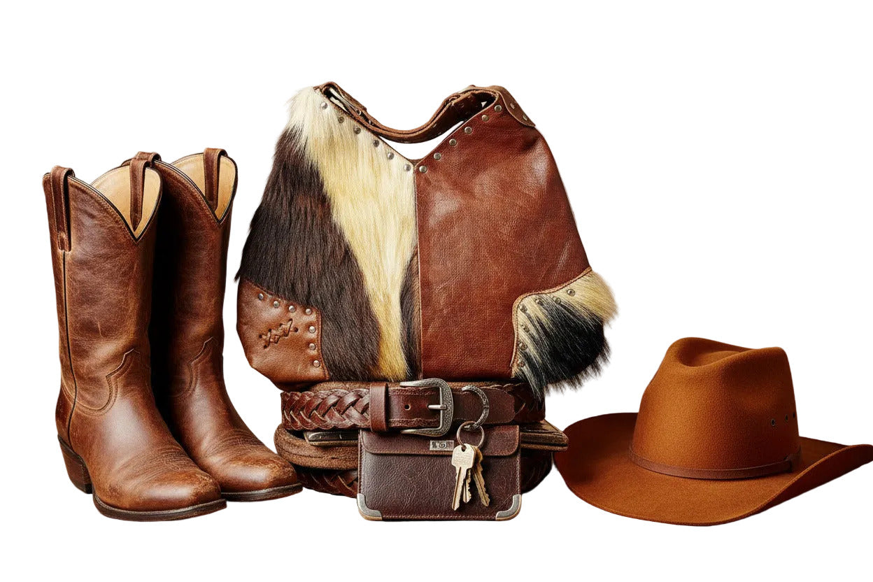 A brown leather shoulder bag with cowhide and raccoon fur panels, metal studs, and a wide adjustable strap, isolated on a white background.