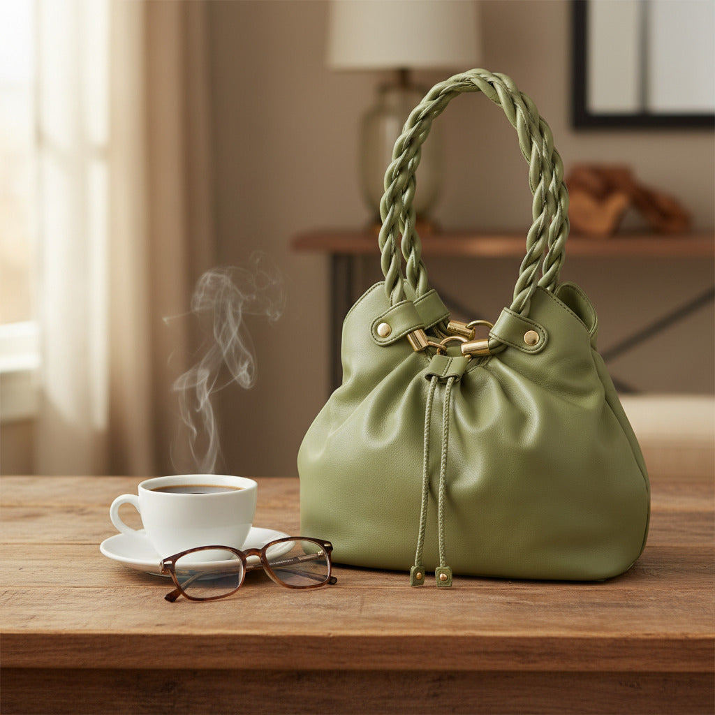 An olive green leather drawstring handbag with braided shoulder straps and gold-tone hardware, shown against a plain white background.