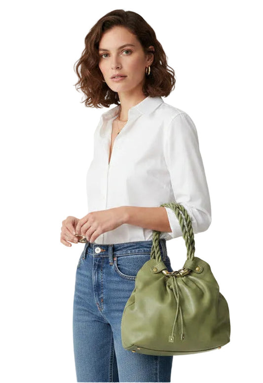 An olive green leather drawstring handbag with braided shoulder straps and gold-tone hardware, shown against a plain white background.