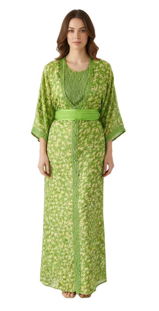 Woman wearing a green dress with a belt on a white background