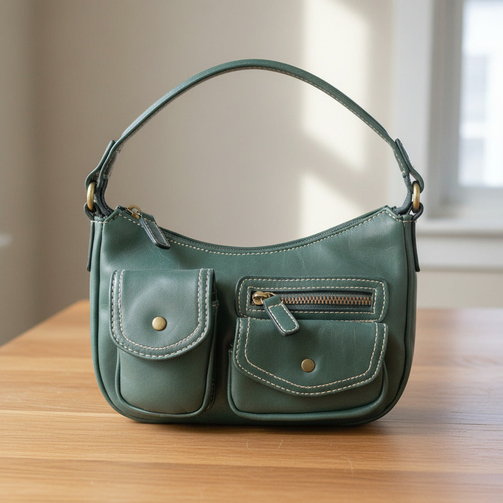 A dark green faux-leather shoulder bag with multiple zippered pockets and gold-tone hardware, shown against a plain white background.