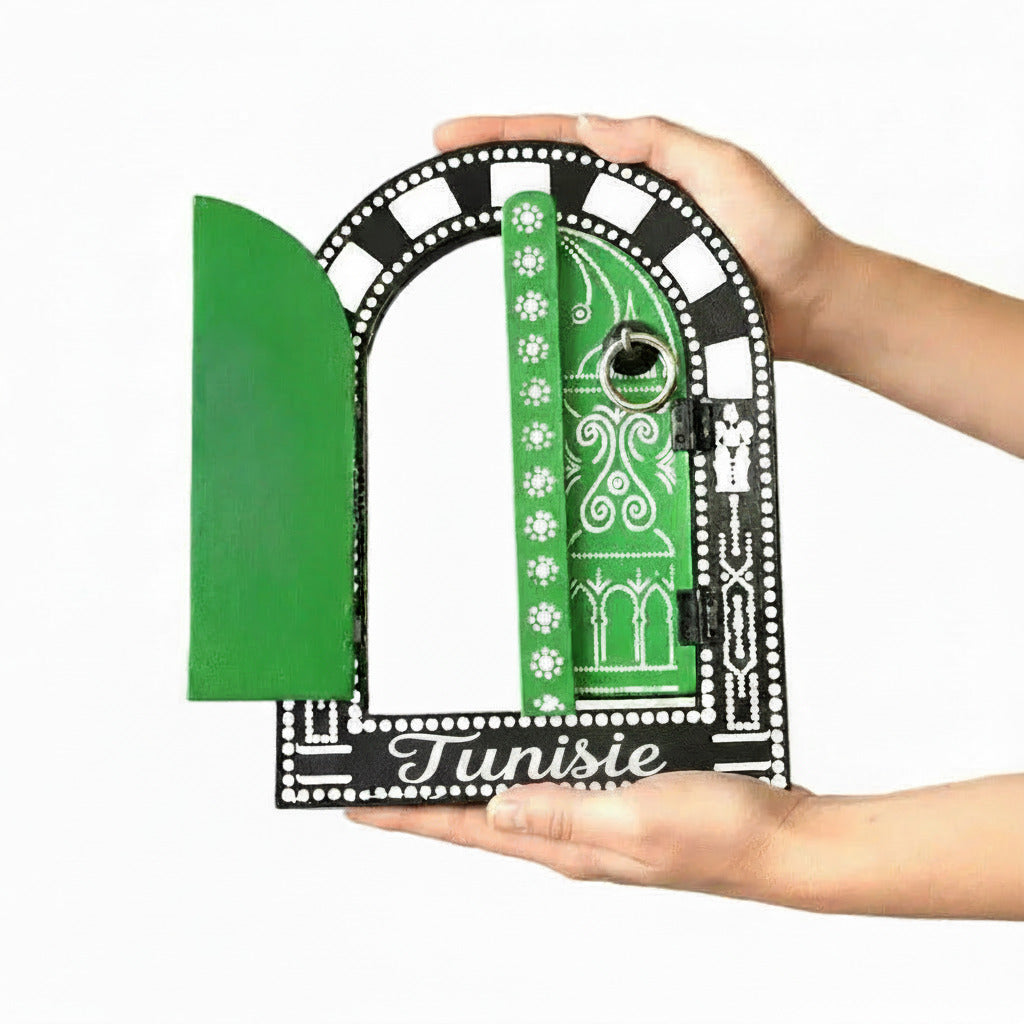 Handmade artisan wooden decorative green wall mirror-with two door Tunisian style --TTP