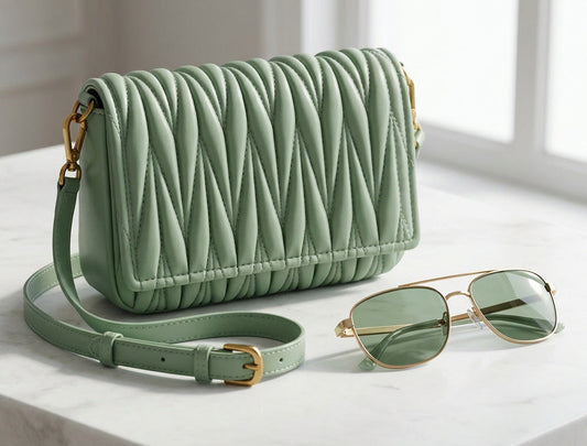  A sage green shoulder bag on white table, matching sunglasses sitting next to it. 