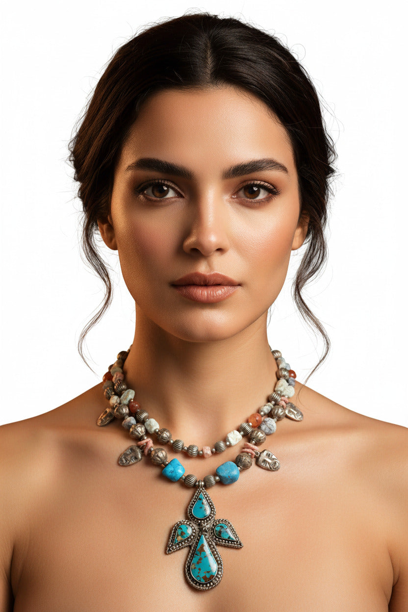 woman wearing an indigenous antique beaded Berber-Amazigh necklace--TTP