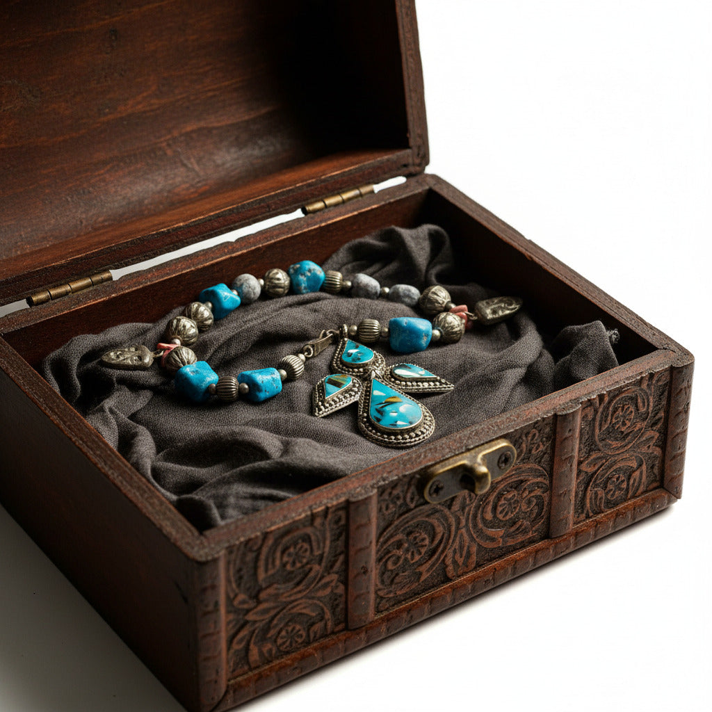 A close-up of a beaded necklace featuring a large silver-toned cross pendant with turquoise blue inlay, surrounded by textured silver beads and small pink and blue accent beads on a white background.