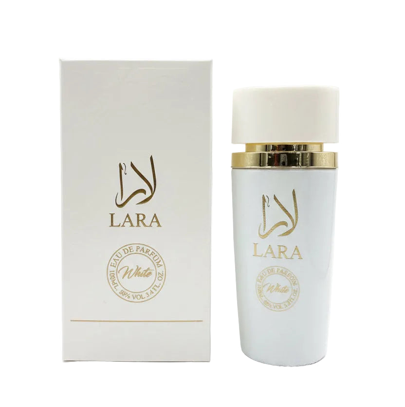 LARA White Eau de Parfum bottle and its matching outer box, displayed on a white background.