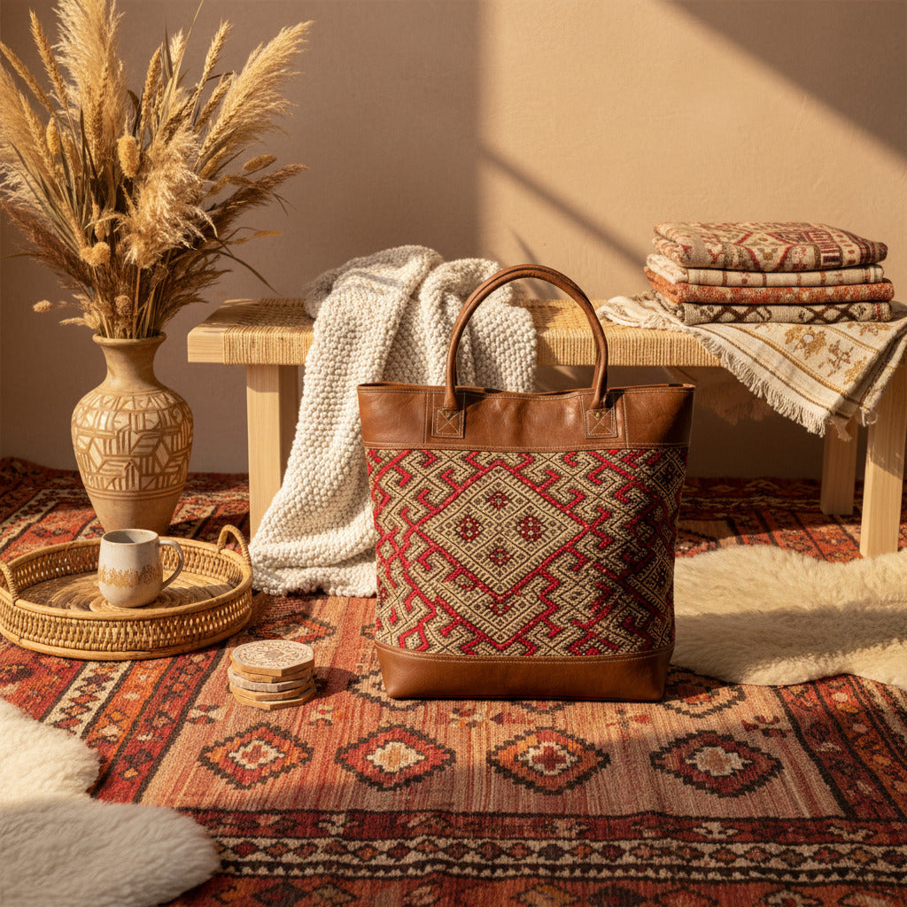 A brown leather tote bag with a red, beige, and black geometric patterned woven panel on the front, set against a plain white background.
