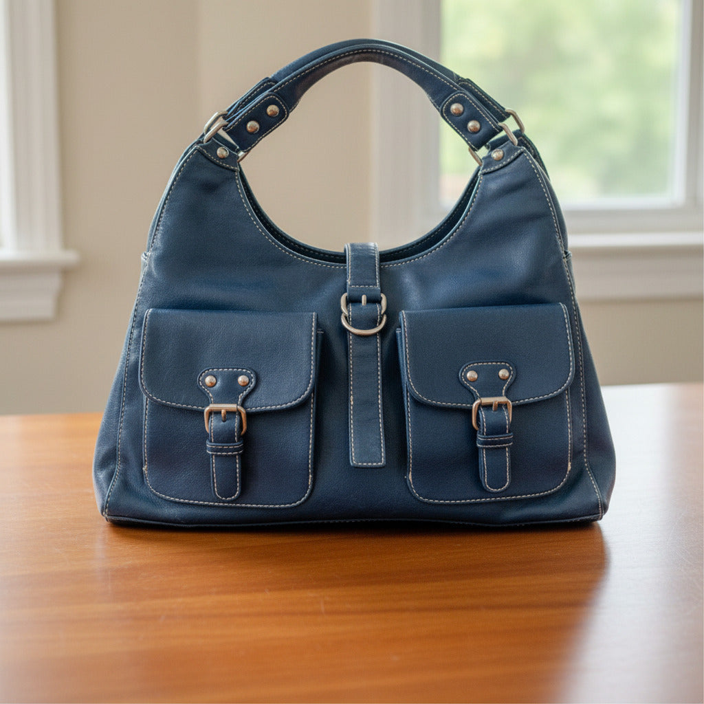 Blue leather handbag with silver buckles on a light gray background