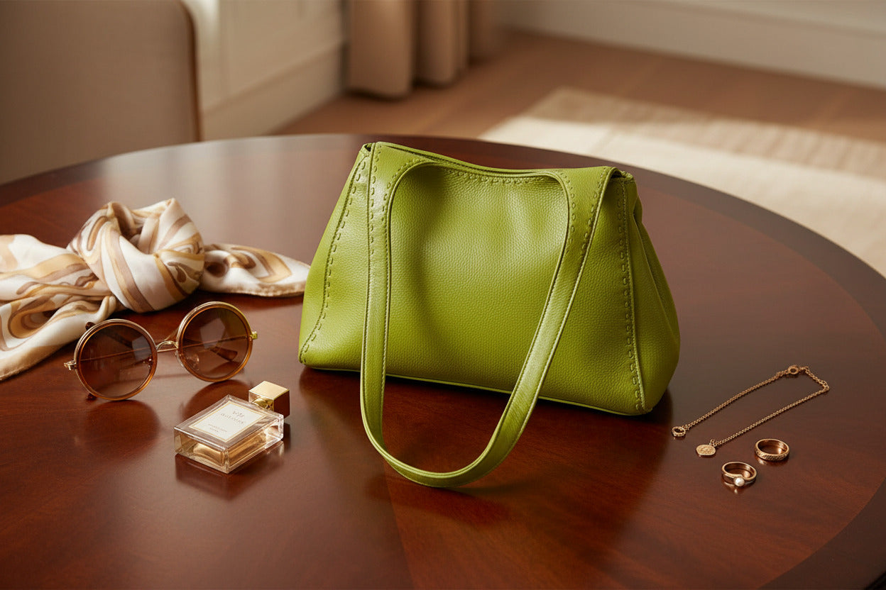 Green handbag on the top of a brown wooden table.