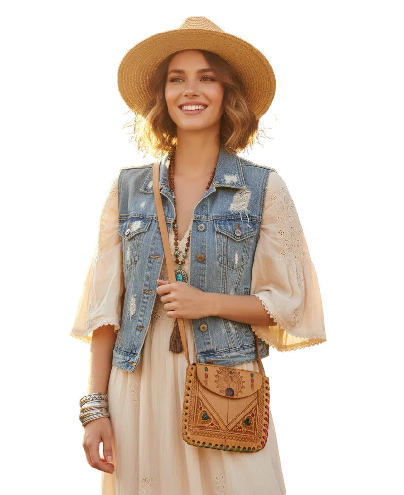 Brown leather handbag with intricate patterns on a white background