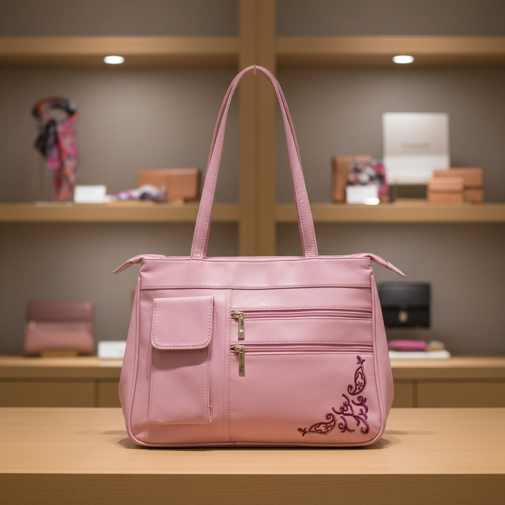 A pink nylon shoulder bag with a long strap, featuring a front pocket, two zippered compartments, and dark pink embroidered scrollwork in the bottom right corner.