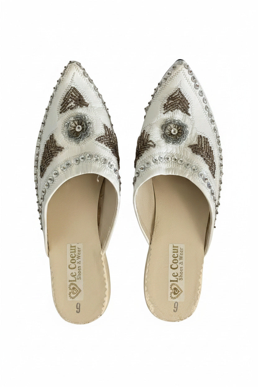 Pair of embellished shoes with floral designs on a white background