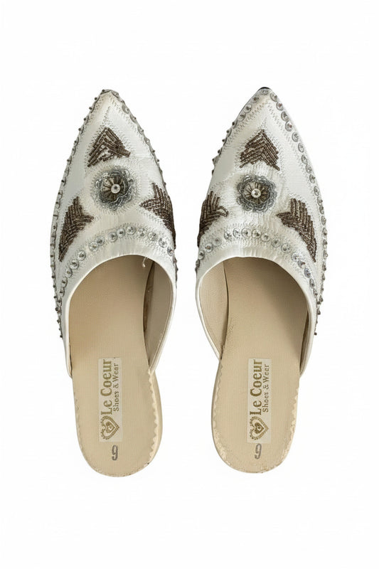 Pair of embellished shoes with floral designs on a white background