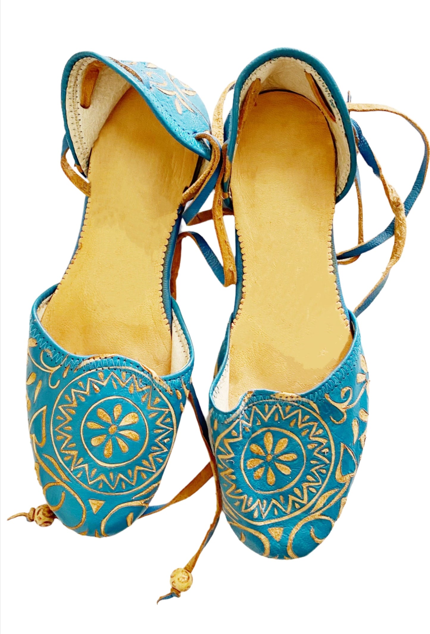 Moroccan Blue Leather Slippers – Handcrafted Ankle-Tie Sandals