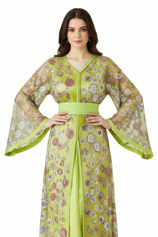 Woman wearing a green floral two piece caftan on a white background