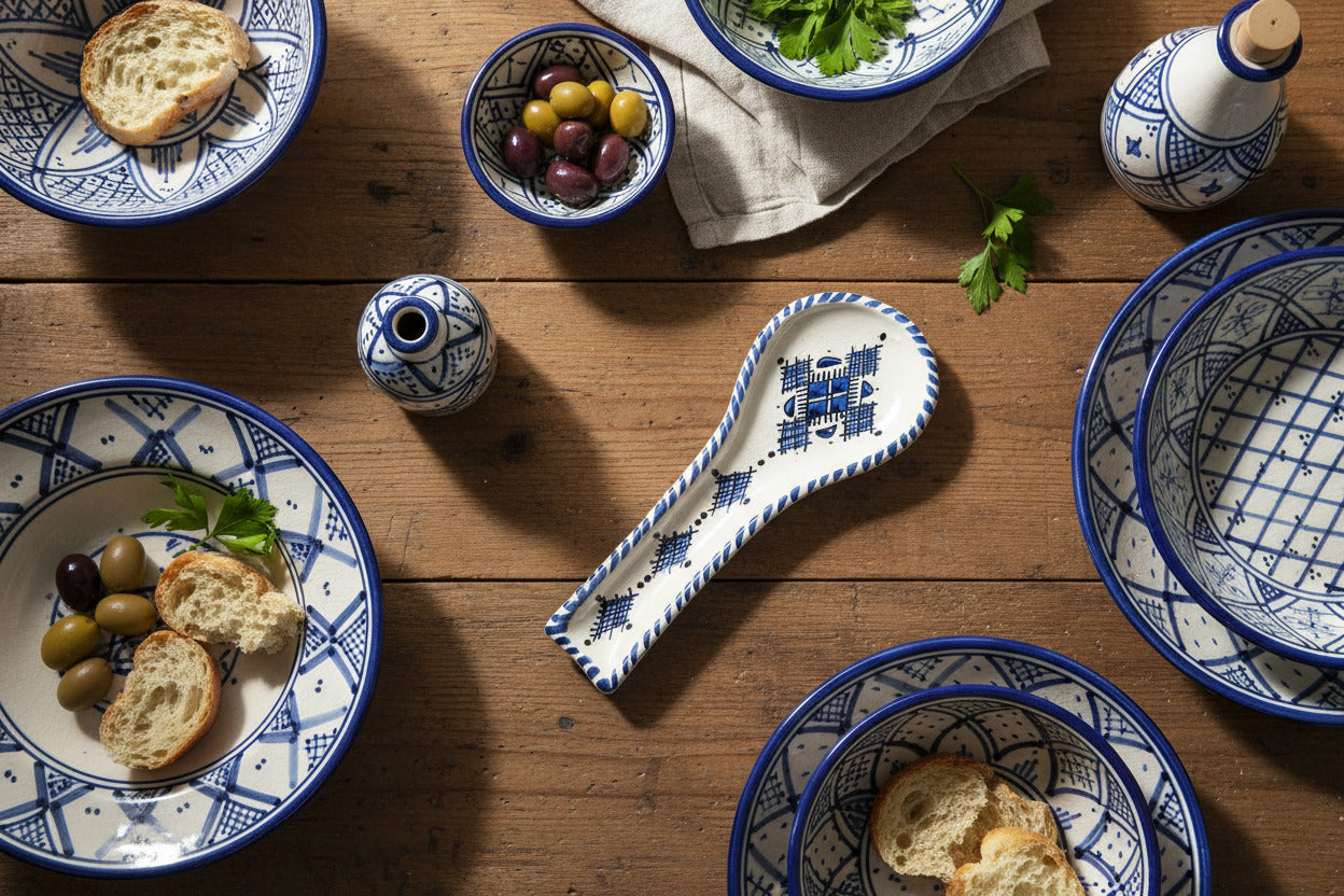 A ceramic spoon rest with a cream-colored glaze, decorated with dark blue geometric patterns and a braided border, shown on a table with matching serving dishes

