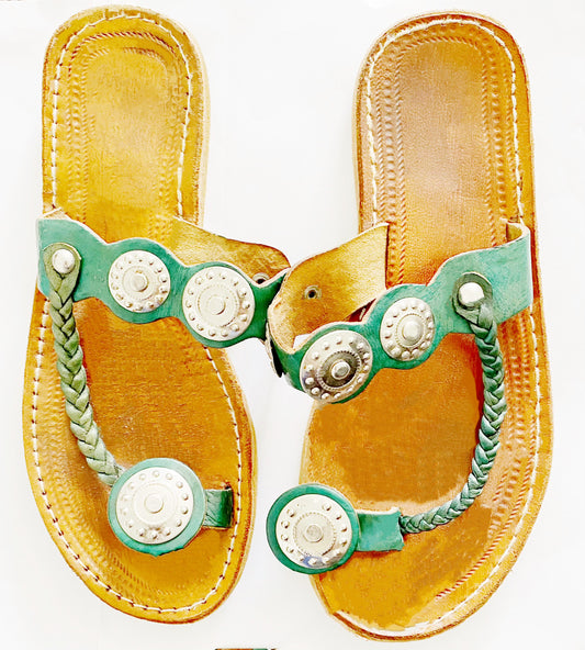 Moroccan Natural Green Leather Sandals - TTP