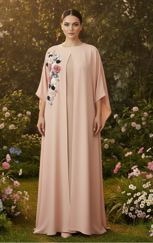 A woman stands in a lush garden wearing a flowing, floor-length kaftan dress in a soft blush pink. The dress features a unique draped neckline and is decorated with a prominent floral embroidery design on the left side of her chest in shades of pink, white, and black.