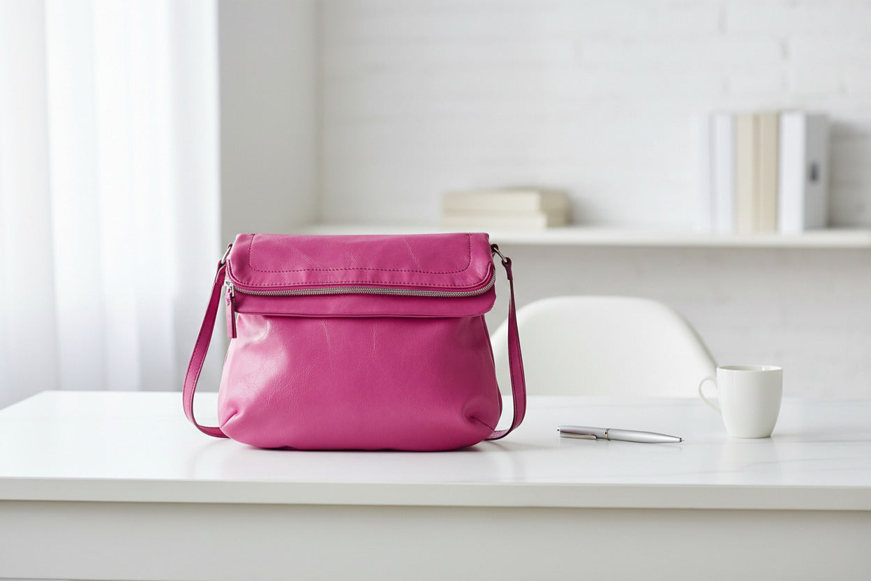 A bright pink faux-leather shoulder bag with a zippered top closure and an adjustable shoulder strap, shown against a plain white background.