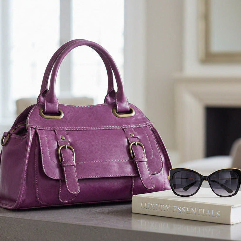 A purple leather handbag with dual top handles, two front buckle straps, and brass-tone hardware, shown against a plain white background.