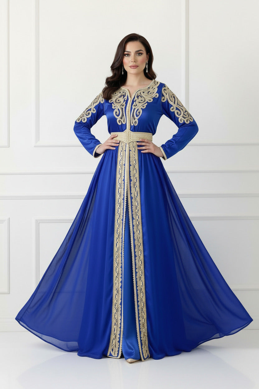 A royal blue Moroccan-style caftan dress with ornate gold embroidery, shown in multiple views highlighting the detailed neckline, waist sash, and back design.