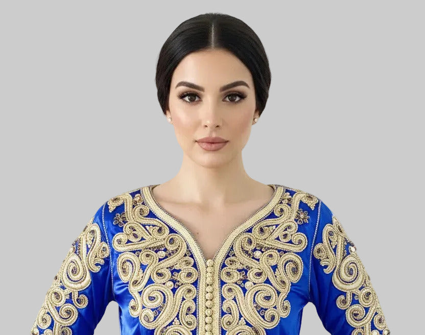 woman wearing traditional handcrafted Kaftan with golden patterns--TTP