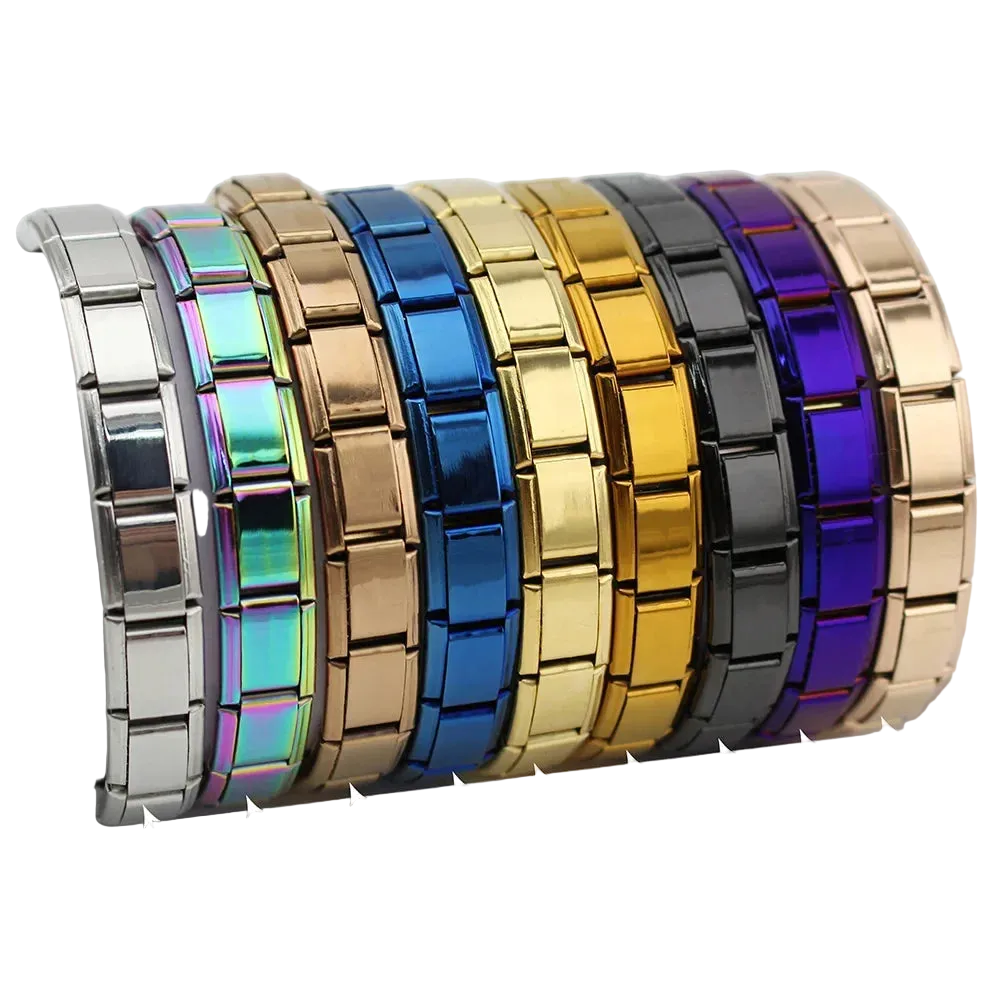 A collection of Italian elastic charm bracelets displayed in a variety of colors including silver, gold, blue, rose gold, and black.