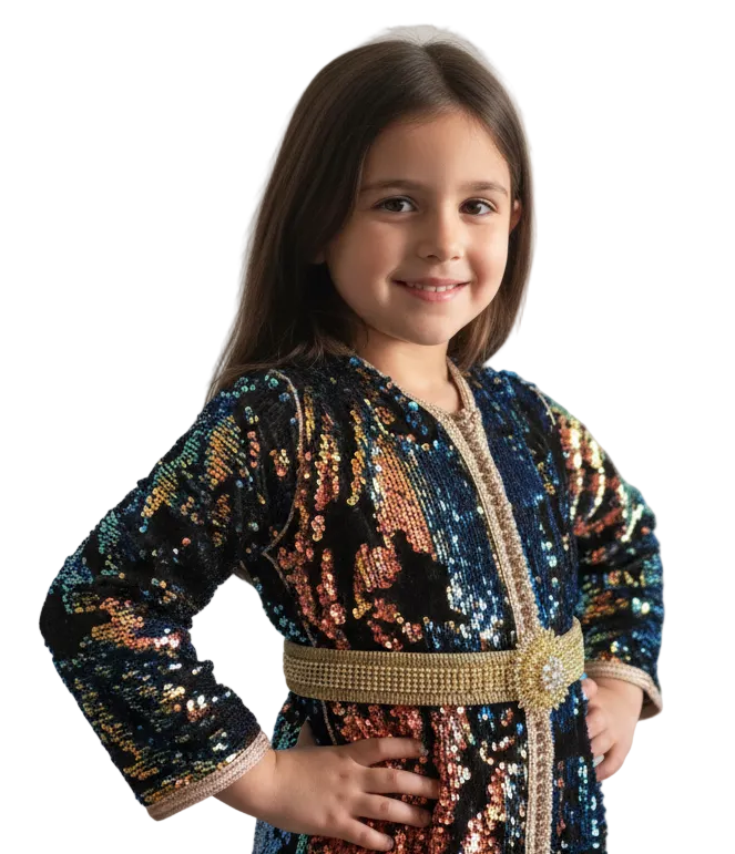 Young girl wearing a colorful sequined dress against a plain background