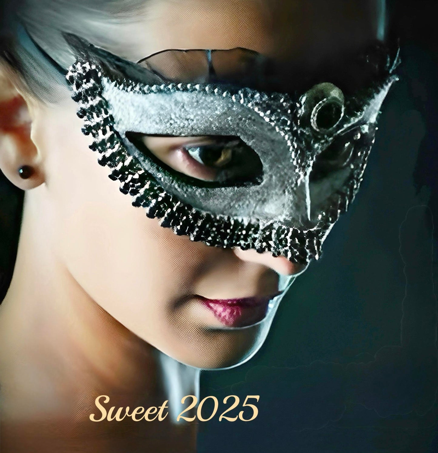 Person wearing a decorative mask with 'Sweet 2025' text on a dark background