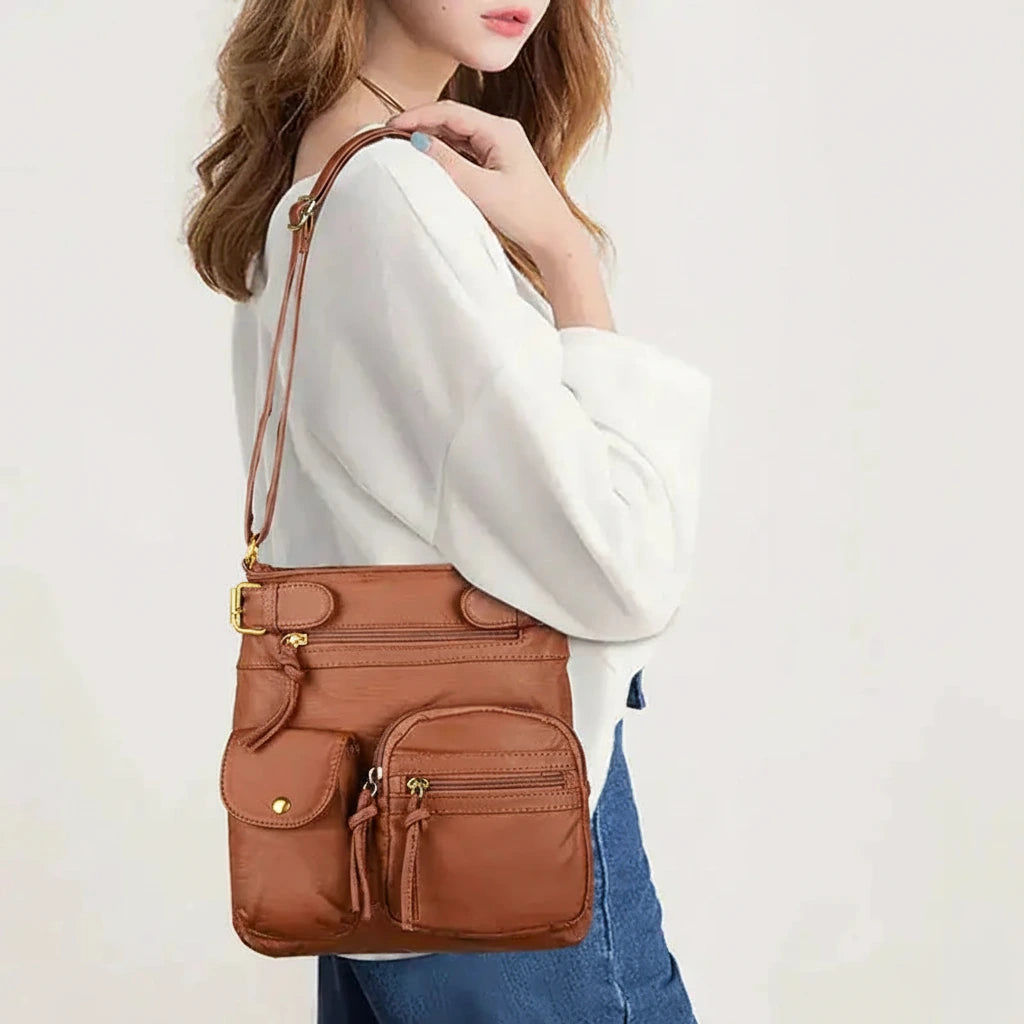 woman carrying a waterproof brown tote bag
