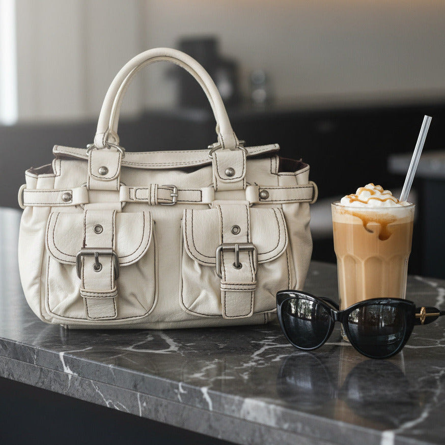 An off-white faux leather handbag with multiple front flap pockets, silver-tone buckle details, and a top handle, shown against a plain white background.