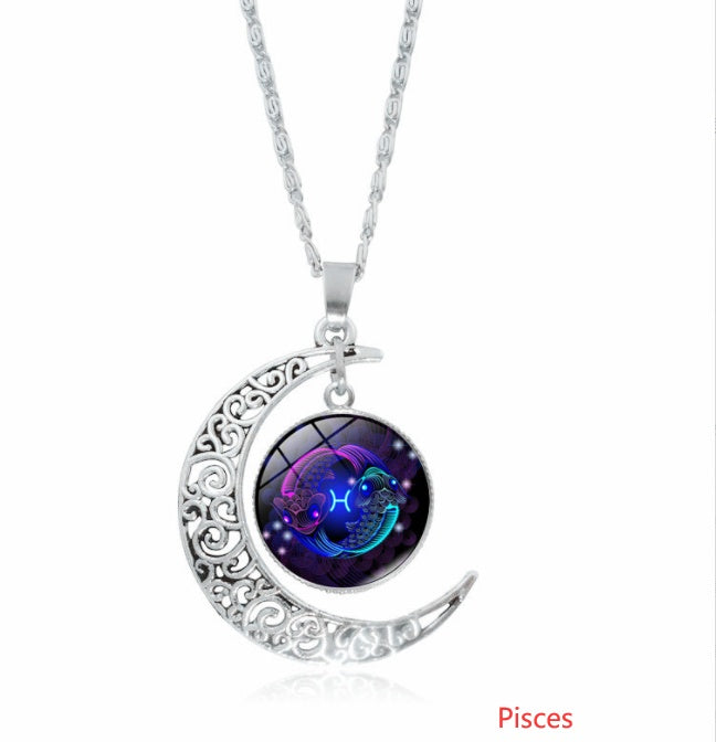 12 constellation time gemstone half moon pendant necklace twelve zodiac European and American jewelry