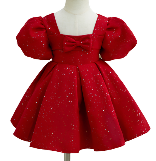 Children Red Puff Sleeve Party Dress