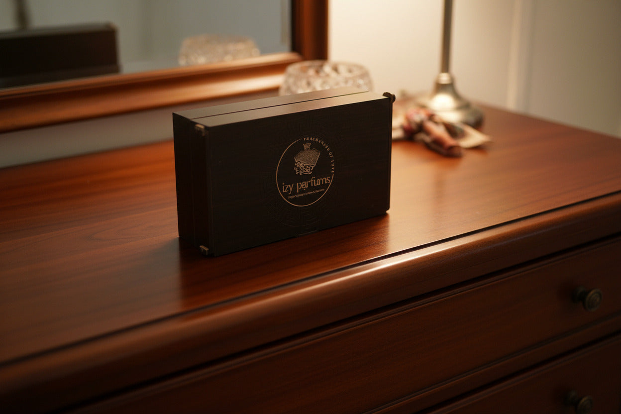 A dark brown wooden presentation box with a laser-engraved circular logo  with text: ' Izy Parfums' The box is photographed from a top-down view on the top of a dresser. 